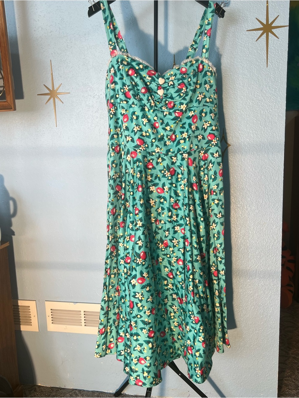 Pinup Couture Teal Floral Sundress with Red and Yellow Accents